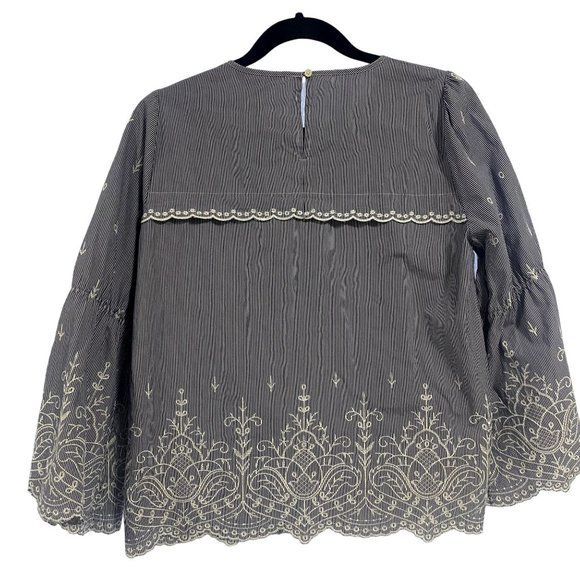 J. Crew Floral Embroidered Bell Sleeve Striped Blouse in Blue Poplin Cotton S - Picture 8 of 10